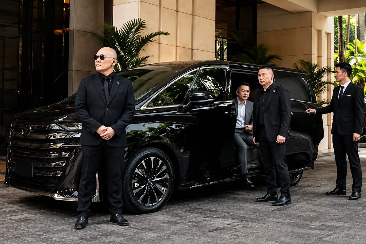 DGN and Limo2Go Singapore — close protection team on secure arrival, hotel entrance